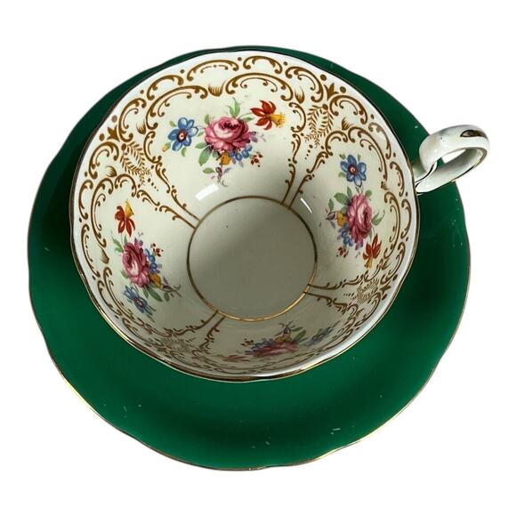Vintage AYNSLEY Tea Cup & Saucer Set Bone China Vibrant Green Floral Bouquet - Picture 4 of 10
